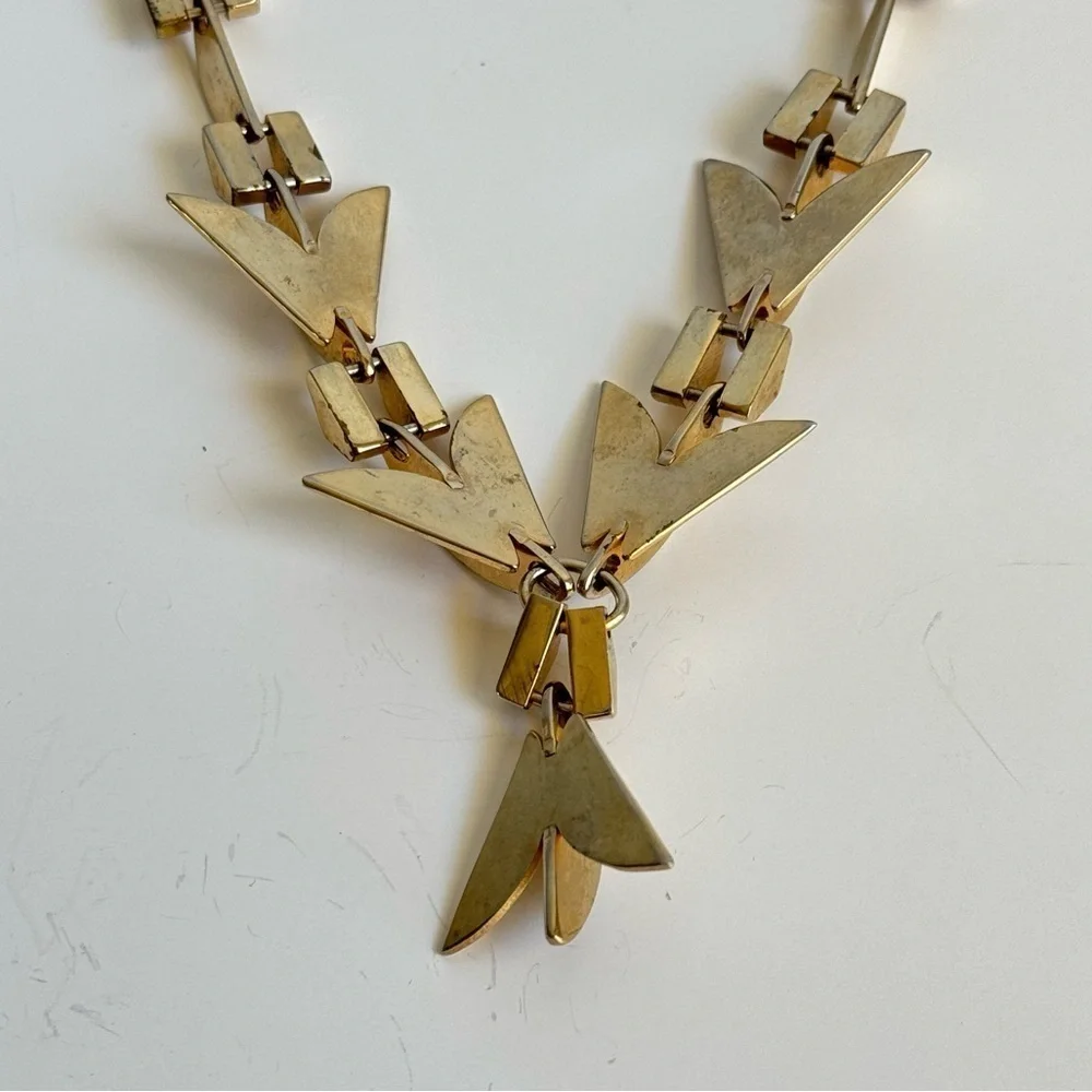 Vintage Modernist Necklace Gold Tone Retro Geometric 60s Collar Bib Runway Piece